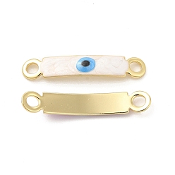 White Brass Connector Charms, Curved Rectangle Links with Evil Eye Pattern, with Enamel, Real 18K Gold Plated, Long-Lasting Plated, White, 30x5x2mm, Hole: 3mm