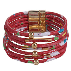 Christmas Red Leopard Print Magnetic Clasp Leather Bracelet - Beaded Leather Cord Bracelet, Copper Tube Bangle, Jewelry.