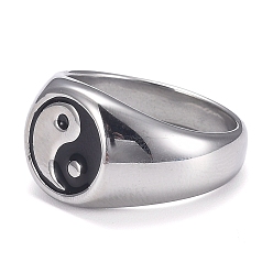 Stainless Steel Color 304 Stainless Steel Finger Rings, Yin Yang Ring, with Enamel, Gossip, Stainless Steel Color, Size 9, Inner Diameter: 19.2mm