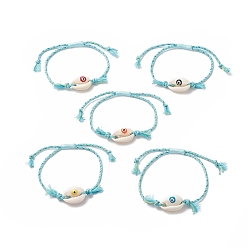 Mixed Color Natural Cowrie Shell with Evil Eye Braided Bead Bracelet with Nylon & Cotton Cord for Women, Mixed Color, Inner Diameter: 3/4~2-7/8 inch(2~7.4cm)