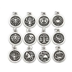 Antique Silver Brass Pendant Sets, with Jump Rings, Long-Lasting Plated, Flat Round with 12 Constellation/Zodiac Sign, Antique Silver, 18.5x15x2mm, Hole: 3.6mm, 1pc/constellation, 12pcs/set