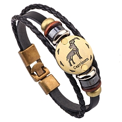 Capricorn Braided Cowhide Cord Multi-Strand Bracelets, Constellation Bracelet for Men, with Wood Bead & Alloy Clasp, Capricorn, 8-1/4 inch(21cm)