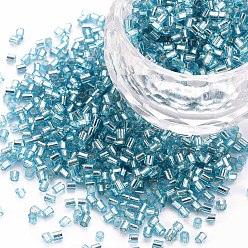 Sky Blue Glass Bugle Beads, Silver Lined, Sky Blue, 1.8~2.2x1.8~2mm, Hole: 0.8~0.9mm, about 15000pcs/pound