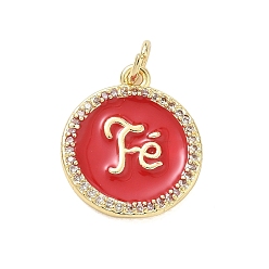 Roja Latón micro pavimenta claro colgantes de circonio cúbico, con esmalte, Charms planos y redondos con la palabra fe, chapado en rack, larga duración plateado, sin plomo y cadmio, real 18 k chapado en oro, rojo, 18.5x15.5x2.5 mm, agujero: 3 mm
