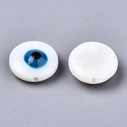 Dodger Blue Natural Freshwater Shell Beads, with Enamel, Flat Round with Evil Eye, Dodger Blue, 10.5x4~5mm, Hole: 0.8mm