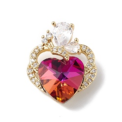 Cerise Real 18K Gold Plated Rack Plating Brass Micro Pave Clear Cubic Zirconia Pendants, with Glass, Long-Lasting Plated, Cadmium Free & Lead Free, Butterfly with Heart Charm, Cerise, 21x17.5x8mm, Hole: 3.5x2.5mm