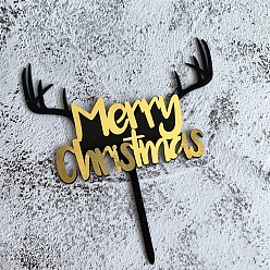 Gold Acrylic Mirror Cake Toppers, Cake Inserted Cards, Christmas Themed Decorations, Word Merry Christmas & Antler, Gold, 110x1.8mm
