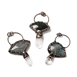 Mixed Stone Natural Quartz Crystal & Labradorite Nuggets Big Pendants, Large Hole Pendants, with Red Copper Tone Brass Findings, Cadmium Free & Lead Free, Fan-shaped, 77~83x42~49x11~13mm, Hole: 6mm