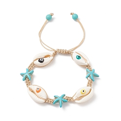 Colorful Natural Shell Evil Eye & Synthetic Turquoise(Dyed) Starfish Braided Bead Bracelet, Ocean Theme Adjustable Bracelet for Women, Colorful, Inner Diameter: 2~3-1/8 inch(5~8cm)