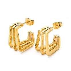 Golden Ion Plating(IP) 304 Stainless Steel Triple Layer Rectangle Stud Earrings, Half Hoop Earrings for Women, Golden, 17x17x6~11mm, Pin: 0.7mm