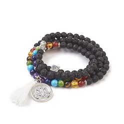 Lava Rock Dual-use Items,Natural Lava Rock Multi-strand Bracelets/Necklaces, with Alloy Findings, Mixed Stone and Resin, Lotus, Chakra, Burlap Packing, Antique Silver, 28.3 inch(72cm), Bag: 12x8.5x3cm