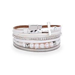 white Bohemian PU Leather Bracelet with Multi-layer Wide Cross Handmade Pearl Bracelet.
