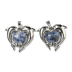 (306FM) Жонкиль матовый с лаймовой подкладкой Подвески в форме сердца из яшмы с натуральными голубыми пятнами, латунные подвески в виде дельфинов, платина, без кадмия и без свинца, 29x32.5x8.5 мм, отверстие : 8x5 мм