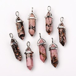 Rhodonite Natural Rhodonite Double Terminated Pointed Pendants, with Random Alloy Pendant Hexagon Bead Cap Bails, Bullet, Platinum, 37~40x12mm, Hole: 3mm