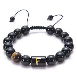 F Natural Black Agate Beaded Bracelet Adjustable Women's Handmade Alphabet Stone Strand Jewelry