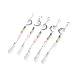Antique Silver Alloy Moon Pendant Decorations, 7 Chakra AB Color Plated Glass Beaded Hanging Ornament, with Glass Cone & Star/Ice Flower/Heart Charm, Antique Silver, 280mm, 1pc/style, 5pcs/set