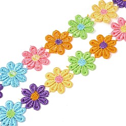 Colorful Daisy Flower Polyester Lace Trims, Embroidered Applique Sewing Ribbon, for Sewing and Art Craft Decoration, Colorful, 1 inch(25mm), 15 yards/roll(13.72m/roll)