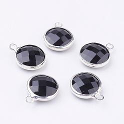 Black Silver Color Plated Brass Glass Flat Round Charms, Faceted, Black, 12x8.5x3mm, Hole: 1.5mm