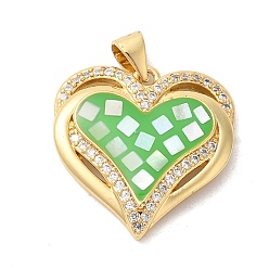 Морско-зеленый Сердце латунные микро проложить кубического циркония подвески, с эмалью и ракушкой, долговечный, без свинца и без кадмия, реальный 18 k позолоченный, цвета морской волны, 21x21x4 мм, отверстие : 4x5 мм