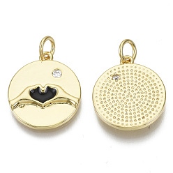 Black Brass Micro Pave Cubic Zirconia Pendants, with Enamel & Jump Rings, Nickel Free, Valentine's Day, Flat Round with Heart, Clear, Real 18K Gold Plated, Black, 18x16x2.5mm, Jump Ring: 5.5x0.8mm, inner diameter: 3mm.