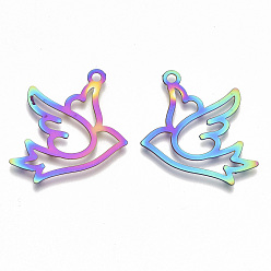 Rainbow Color Ion Plating(IP) 201 Stainless Steel Pendants, Etched Metal Embellishments, Peace Dove, Rainbow Color, 29x24.5x0.3mm, Hole: 2mm