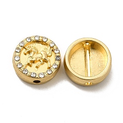 Light Gold Alloy Crystal Rhinestone Beads, Flat Round with Unicorn, Light Gold, 12x5mm, Hole: 1.6mm