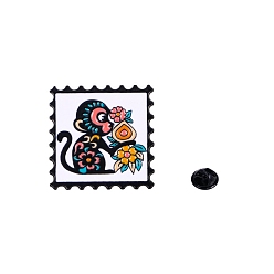 Monkey Chinese Style Alloy Enamel Pins, Square Stamp Brooch, Zodiac Sign Badge for Clothes Backpack, Monkey, 30x30mm