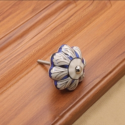 Blue Flower Pattern Porcelain Drawer Knobs, with Metal Finding, Pumpkin Cabinet Handle, Blue, 40x26mm