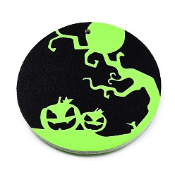 Pumpkin Halloween Theme Imitation Leather Pendants, Flat Round, Lime, Pumpkin Pattern, 45x2mm, Hole: 1.6mm