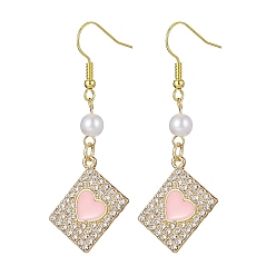 Pink Alloy Crystal Rhinestone Rectangle with Heart Dangle Earrings, Imitated Pearl Acrylic Beaded Drop Earrings with Enamel, Pink, 47~55x18mm