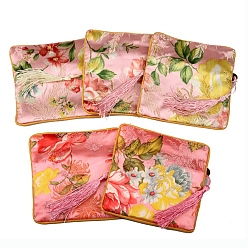 Pink Retro Square Cloth Zipper Pouches, with Tassel and  Flower Pattern, Pink, 11.5x11.5cm