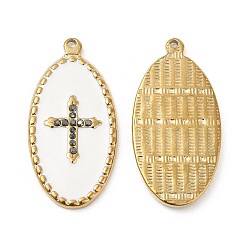 White Vacuum Plating 201 Stainless Steel Enamel Pendants, with Rhinestones, Real 18K Gold Plated, Oval with Cross Charm, White, 33x16.5x2.5mm, Hole: 1.2mm