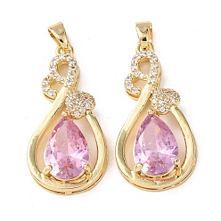 Pink Латунные микро проложить кубического циркония подвески, слезинки, золотые, розовые, 29x14.5x6 мм, отверстие : 5x3 мм