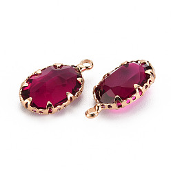 Medium Violet Red Transparent Glass Pendants, with Brass Prong Settings, Faceted, Oval, Light Gold, Medium Violet Red, 19x11x5.5mm, Hole: 1.6mm