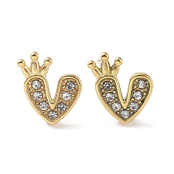 Real 18K Gold Plated 304 Stainless Steel with Rhinestone Stud Earrings, Heart with Crown, Real 18K Gold Plated, 9.5x7.5mm