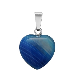 Banded Agate Natural Banded Agate Charms, with Silver Tone Metal Findings, Heart, Dyed, 16x6mm
