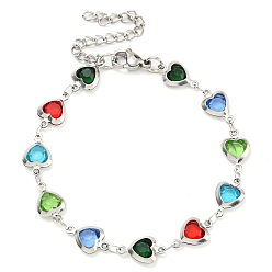 Разноцветный 304 женские браслеты-цепочки в виде сердечек из нержавеющей стали и стекла, цвет нержавеющей стали, красочный, 6-1/2 дюйм (16.5 см)