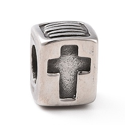 Antique Silver 304 Stainless Steel European Beads, Large Hole Beads, Cuboid with Cross, Antique Silver, 11.5x9x8.5mm, Hole: 5.5mm
