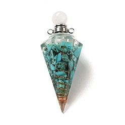 Синтетическая Бирюза Подвески для флаконов с синтетической бирюзой, подвески в виде граненых конусов из смолы с завинчивающейся крышкой из латуни с платиновым покрытием, 46.5~48x19~20x17~18 мм, отверстие : 1.8 мм