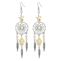 White Web with Feather Alloy Chandelier Earrings, Tortoise & Starfish Synthetic Turquoise Long Drop Earrings, White, 119x28mm