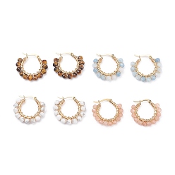 Mixed Stone Faceted Round Natural Stone Beads Huggie Hoop Earrings for Girl Women, Wire Wrap Ring 304 Stainless Steel Earrings, Golden, 25~26x28~29x4~4.5mm, Pin: 1mm, 4Pair/set