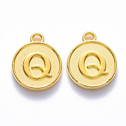 Letter Q Alloy Pendant Cabochon Settings, For Enamel, Cadmium Free & Lead Free, Flat Round with Letter, Light Gold, Letter.Q, 14x12x2mm, Hole: 1.5mm