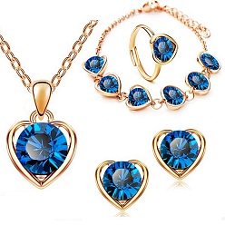 Blue Glass Heart Jewelry Set, Light Gold Alloy Pendant Necklace & Chain Bracelet & Stud Earrings & Adjustable Ring, Blue, 450mm, 11x12mm, Inner Diameter: 17mm, 230mm