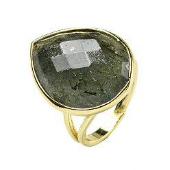 Labradorite Teardrop Natural Labradorite Open Cuff Rings, Golden Plated Brass Ring for Unisex, Inner Diameter: Adjustable