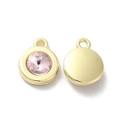 Misty Rose Alloy Pendant, with Glass, Light Gold, Lead Free & Cadmium Free, Falt Round Charm, Misty Rose, 12.5x10x4mm, Hole: 1.5mm