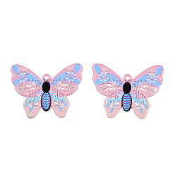 Pink Spray Painted 430 Stainless Steel Filigree Pendants, Butterfly Charm, Pink, 16x20x0.5mm, Hole: 1mm