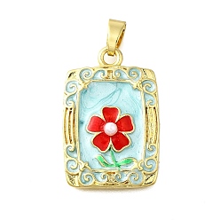 Аквамарин Латунь эмаль подвески, с ABS имитации жемчуга, Прямоугольник с цветком, без кадмия и без свинца, долговечный, стойки покрытие, реальный 18 k позолоченный, аквамарин, 28x19x5 мм, отверстие : 6x3 мм