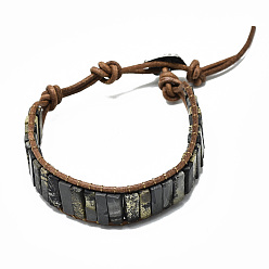 Dendritic Agate Cowhide Leather Cord Bracelets, with Rectangle Natural Dendritic Agate Beads and Alloy Findings, 9~11 inch(23~28cm)
