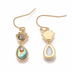 Golden Brass Micro Pave Clear Cubic Zirconia Dangle Earrings, with Natural Abalone Shell/Paua Shell and Ear Nuts, Teardrop, Golden, 32mm, Pin: 0.6mm