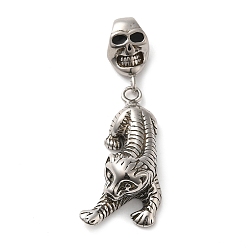 Antique Silver 304 Stainless Steel Enamel Pendants, Tiger & Skull Charm, Antique Silver, 52.5mm